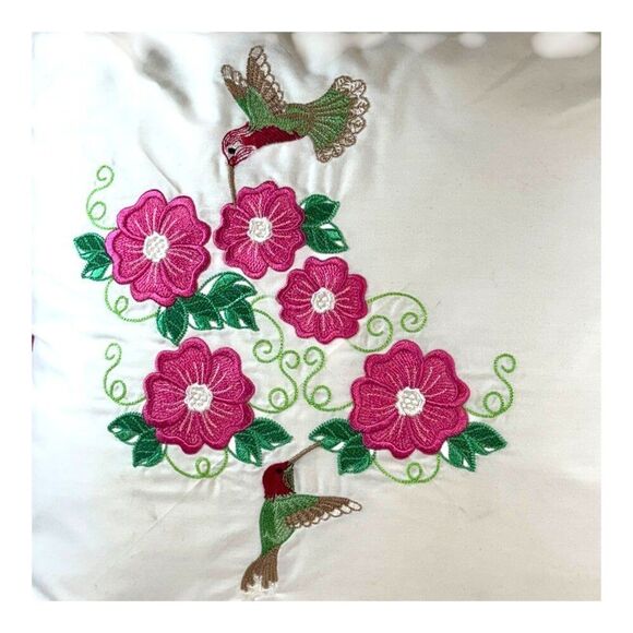 Hummingbird Vintage Square Embroidered Throw Pillow Cottage Hummingbirds Flowers - Picture 2 of 5